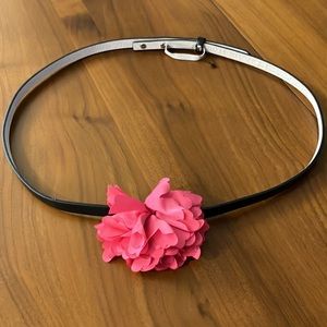 New WHBM skinny black leather belt with fabric flower in hot pink Size: XXL